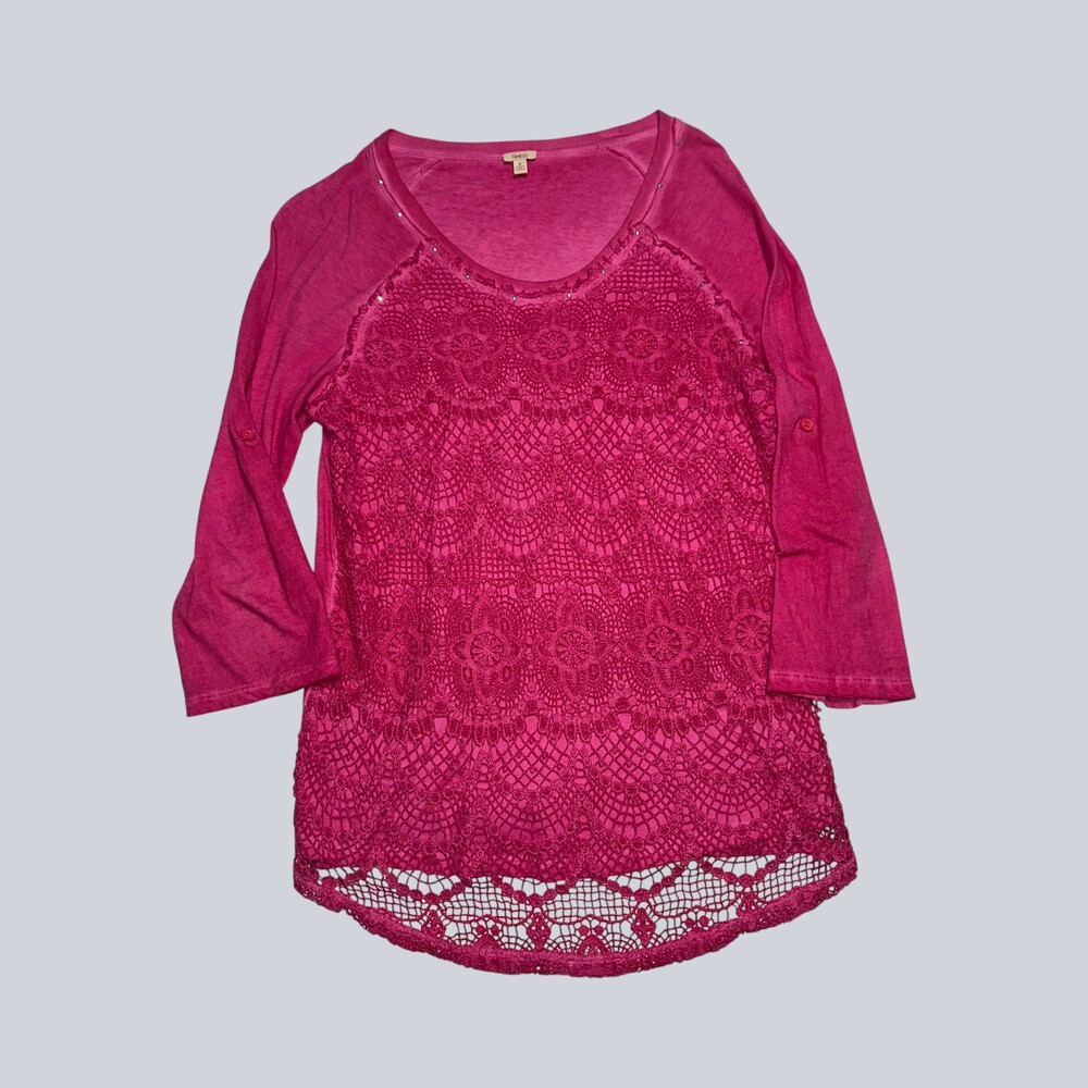 Reba Women’s Small Pink Lace Crochet Front 3/4 Sleeve Rhinestone Top